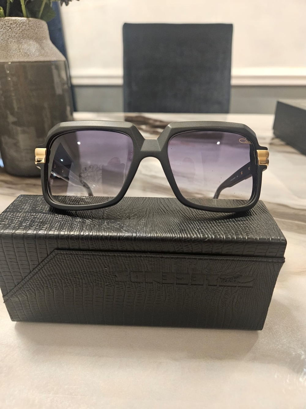 Cazal Matte Black Square Sunglasses with Gold Temples - Picture 2 of 2